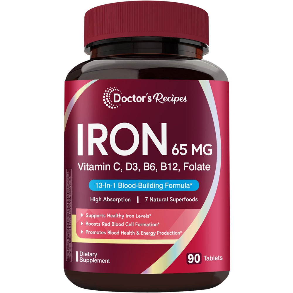 Doctor's Recipes Iron 65mg tablet close-up; high-potency iron for daily energy support.