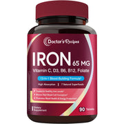 Doctor's Recipes Iron 65mg tablet close-up; high-potency iron for daily energy support.
