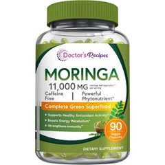 Doctor's Recipes Moringa bottle shows high-strength greens for daily vitality support