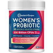 Doctor's Recipes Probiotics for Women bottle closeup showing multi strain formula for daily balance