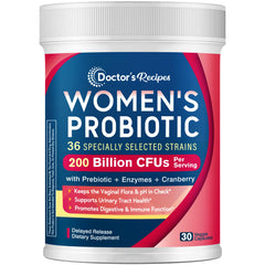 Doctor's Recipes Probiotics for Women bottle closeup showing multi strain formula for daily balance