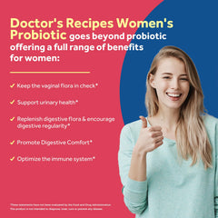 Doctor's Recipes Probiotics for Women label front shows ingredients including prebiotics and cranberry