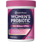 Doctor's Recipes Women's Probiotics bottle front shows 100B CFU across 32 strains.