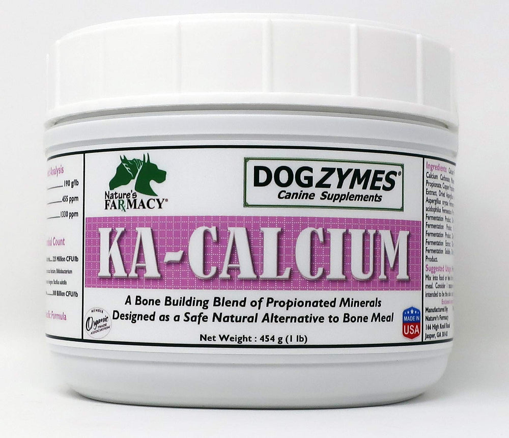 Dogzymes KA Calcium bottle label—bone-building mineral blend for canine-friendly meals.