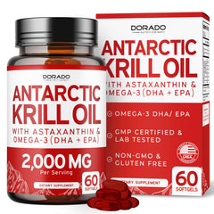 Dorado Nutrition Antarctic Krill Oil softgel bottle showing omega-3 support.