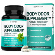 Dorado Nutrition Body Odor Supplement bottle shows vegan chlorophyll formula for inner freshness.