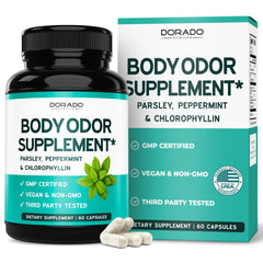 Dorado Nutrition Body Odor Supplement bottle shows vegan chlorophyll formula for inner freshness.