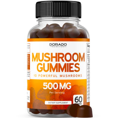 Dorado Nutrition Mushroom Gummies bottle with raspberry flavor for daily enjoyment.