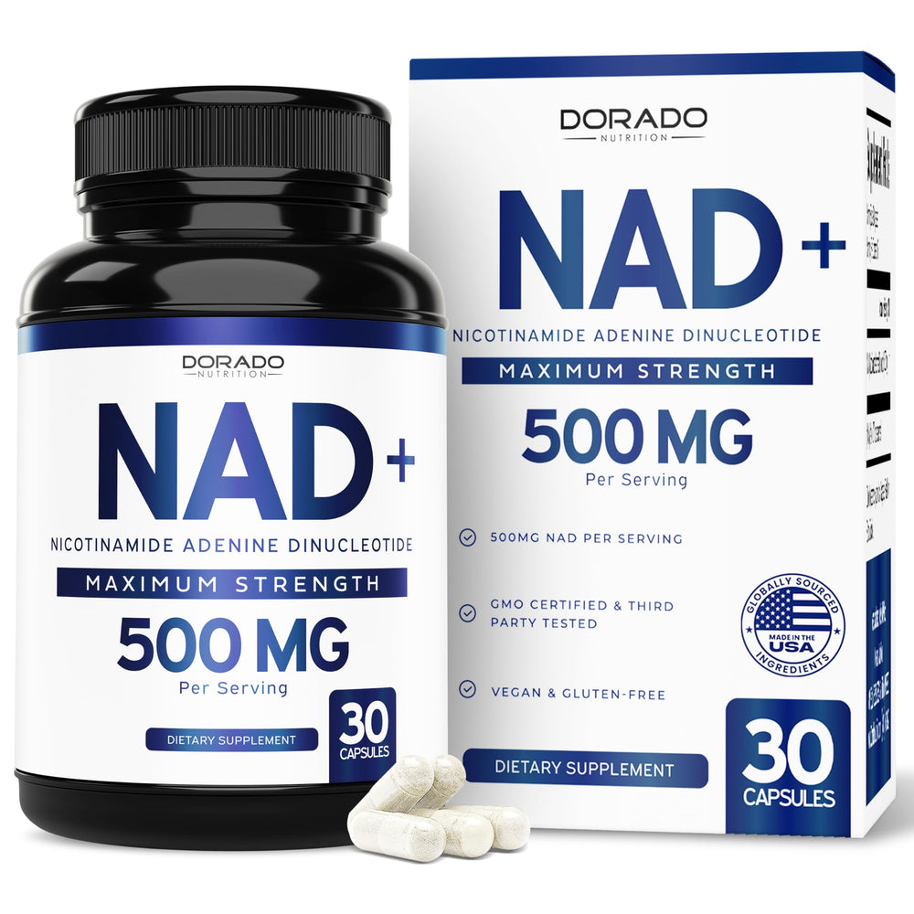 DORADO NUTRITION NAD supplement bottle, 500 mg per serving for daily support.
