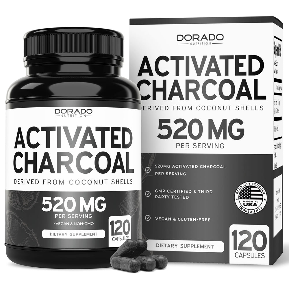 DORADO NUTRITION activated charcoal bottle closeup for easy daily use and digestive balance.