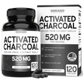 DORADO NUTRITION activated charcoal bottle closeup for easy daily use and digestive balance.