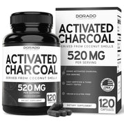 DORADO NUTRITION activated charcoal bottle closeup for easy daily use and digestive balance.