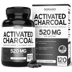 DORADO NUTRITION activated charcoal bottle closeup for easy daily use and digestive balance.