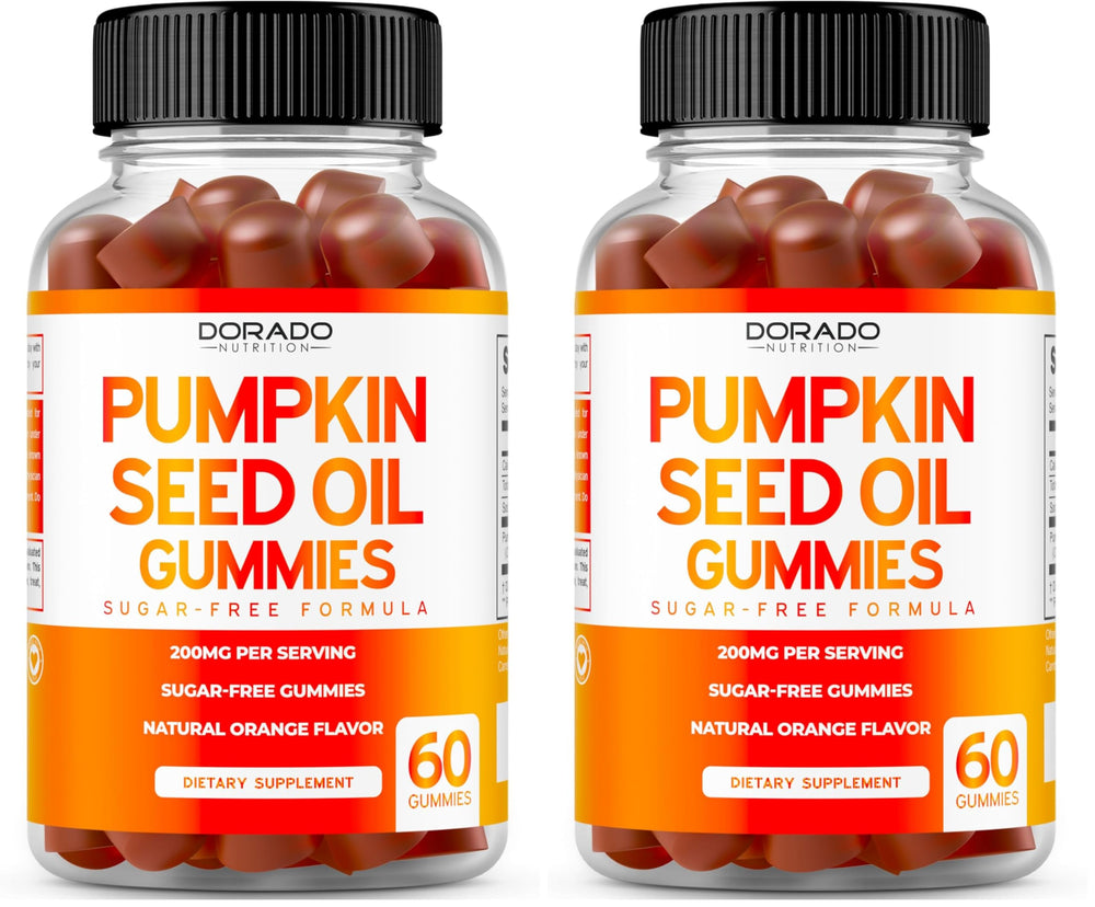 Dorado Nutrition Pumpkin Seed Oil Gummies bottle front with orange flavor for daily wellness.