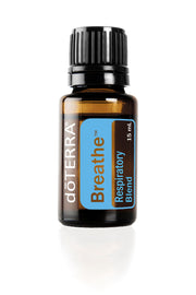 doTERRA Breathe bottle label shows ingredients for a refreshing aroma.