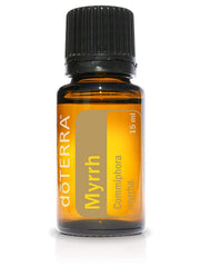 doTERRA Myrrh essential oil bottle shown for mouth cleansing and skin soothing with a subtle glow