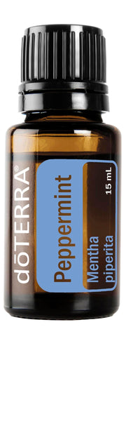 doTERRA Peppermint 15ml bottle close-up for refreshing aroma and breath support.