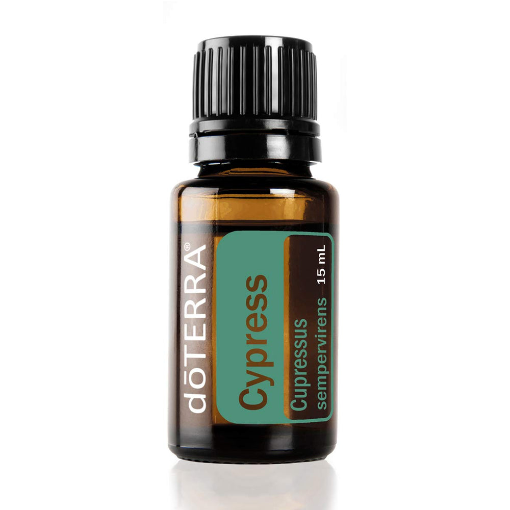 doTERRA Cypress essential oil bottle for diffusion and topical use to boost energy and focus.