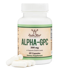 Double Wood Alpha GPC bottle front showing daily cognitive support for study.