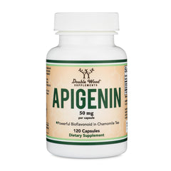 Double Wood Apigenin 50mg capsules bottle for relaxing daily use.