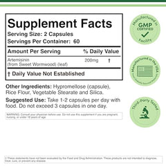 Double Wood Artemisinin bottle label close-up displaying non-GMO and gluten-free claims