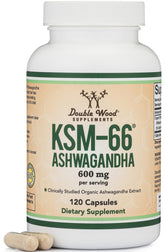 Double Wood Ashwagandha KSM 66 bottle with potent 20:1 extract for daily support.