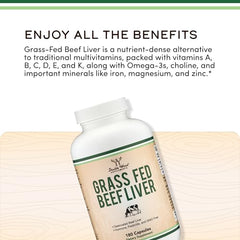 Double Wood Beef Liver Capsules dosage example shows two-capsule serving.