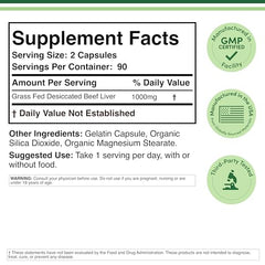 Double Wood Beef Liver Capsules label closeup showing grass-fed liver origin.