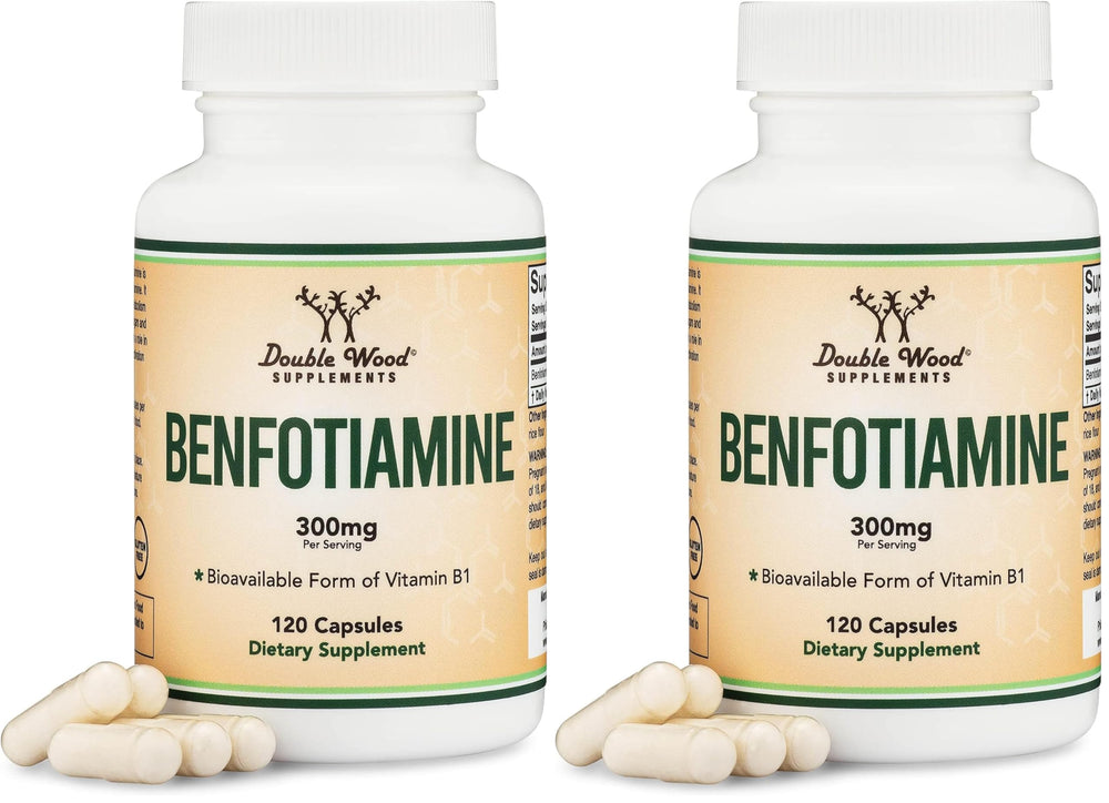 Double Wood Benfotiamine 300mg bottle offering convenient B1 support.
