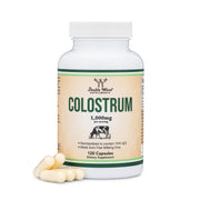 Double Wood Colostrum bottle shows 1,000 mg per serving for daily wellness potential.
