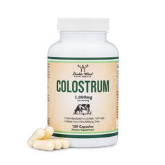 Double Wood Colostrum bottle shows 1,000 mg per serving for daily wellness potential.
