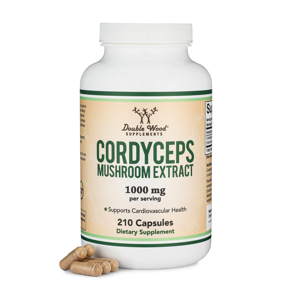 Double Wood Cordyceps capsules bottle image highlighting premium packaging and daily wellness support.