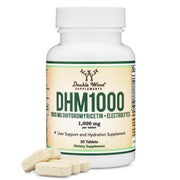 Double Wood DHM1000 tablets bottle front highlighting 1,000 mg per tablet for daily hydration support