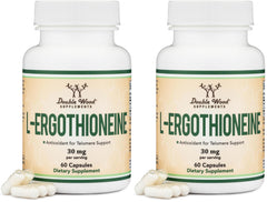 Double Wood Ergothioneine bottle close-up highlighting antioxidant capsules for aging support.