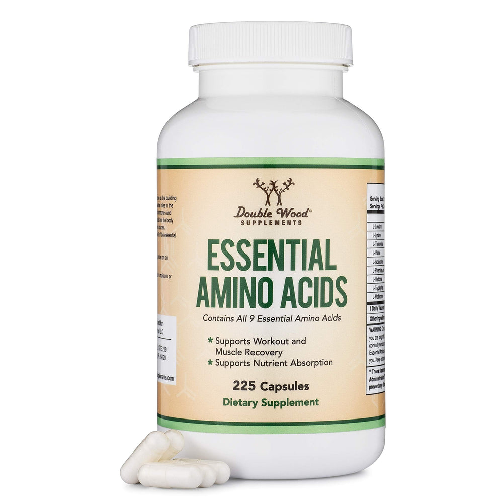 Double Wood Essential Amino Acids bottle label highlighting gluten-free formula for daily wellness