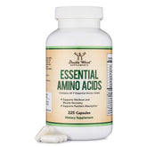 Double Wood Essential Amino Acids bottle label highlighting gluten-free formula for daily wellness