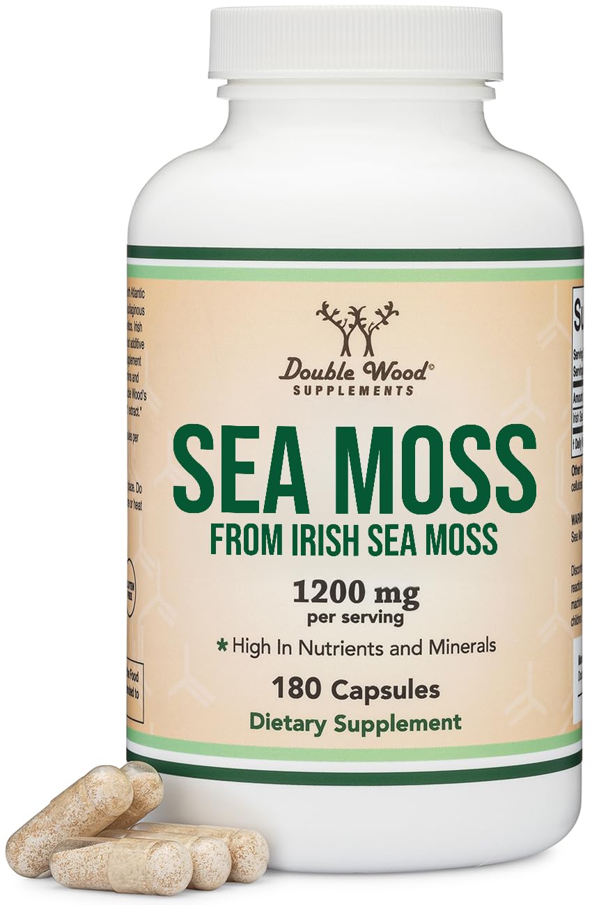 Double Wood Irish Sea Moss capsules bottle close-up highlighting minerals for daily wellness.