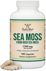 Double Wood Irish Sea Moss capsules bottle close-up highlighting minerals for daily wellness.