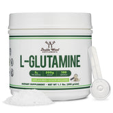 Double Wood L-Glutamine powder container supports precise dosing for workouts.