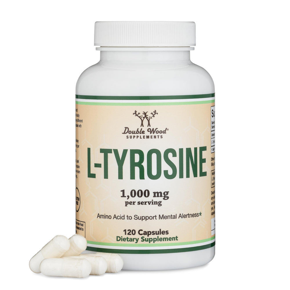 Double Wood L-Tyrosine bottle with 120 capsules for daily focus support.