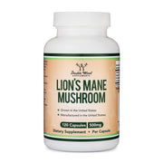 Double Wood Lions Mane bottle front highlighting focus support potential.