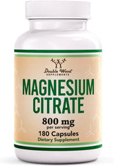 Double Wood Magnesium Citrate bottle shows 800mg per serving for occasional constipation support.