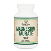 Double Wood Magnesium Taurate bottle label highlights USA-made quality and non-GMO ingredients.
