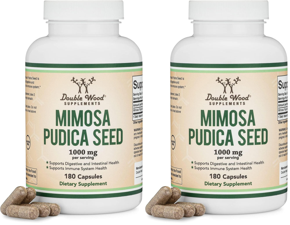 Double Wood Mimosa Pudica seed bottle pour shows easy-dispense capsules for daily use