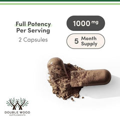 Double Wood Reishi capsules pouring emphasizes easy daily dosing