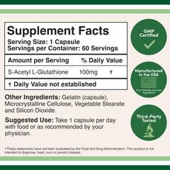 Double Wood S-Acetyl L-Glutathione label closeup showing non-GMO and gluten-free formulation