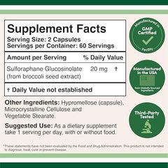 Sulforaphane label close-up showing 20 mg per serving
