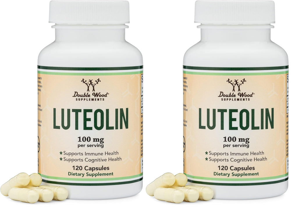 Double Wood luteolin bottle front view for daily brain and heart support.