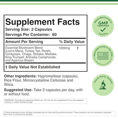 Double Wood Mushroom Complex label close-up highlights 120 capsules and 1,000 mg per serving.