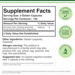 Double Wood Tribulus Terrestris bottle back reveals third-party testing and potency notes.